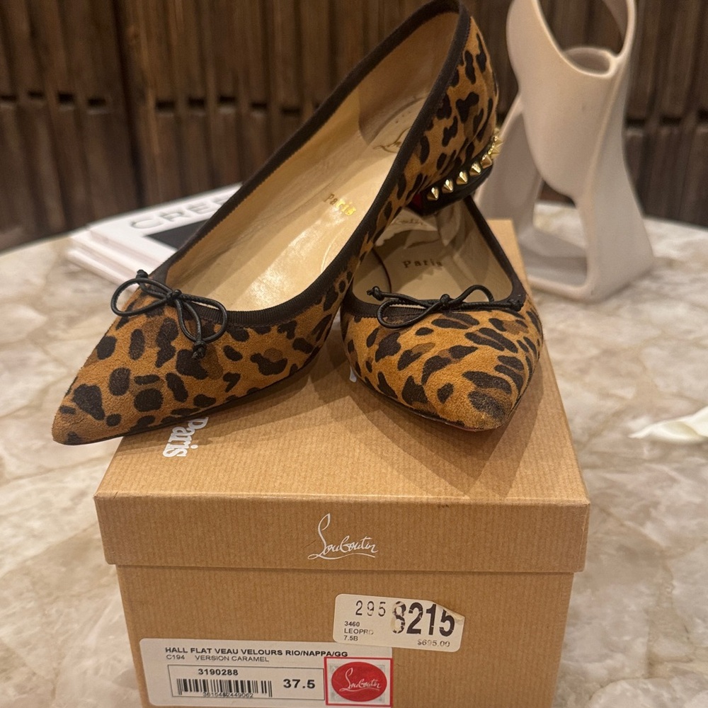 Christian Louboutin Hall Flat Leopard Caramel Brown Pointed Toe Ballerina 37.5